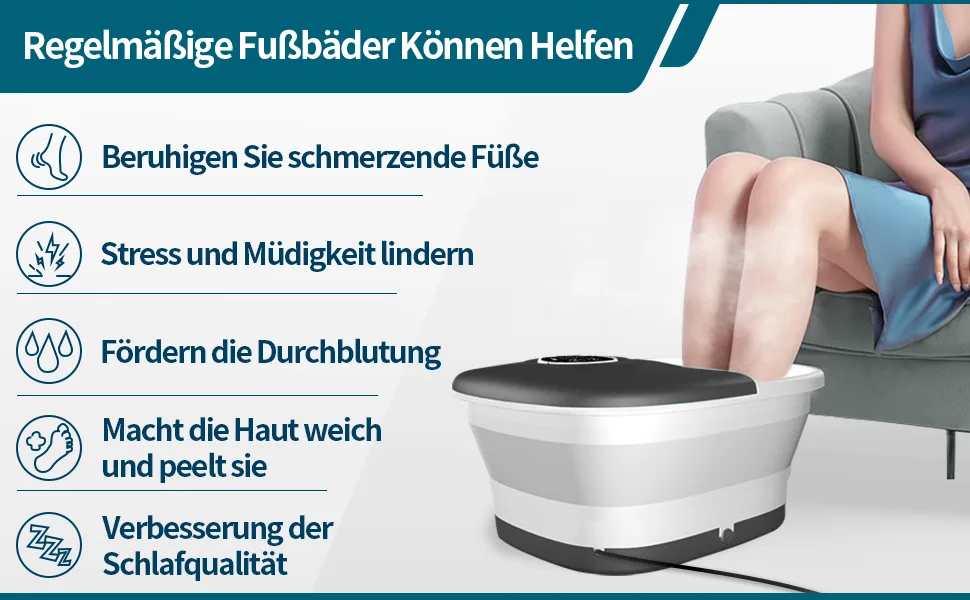 Foot bubble bath with massage and heating function |Foldable foot massager |Remote control |Heat function |Foot reflex zones massage |Timer |Foot bath with 16 Shiatsu rolls (black) - Fußbad