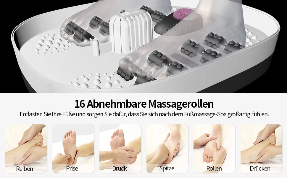 Foot bubble bath with massage and heating function |Foldable foot massager |Remote control |Heat function |Foot reflex zones massage |Timer |Foot bath with 16 Shiatsu rolls (black) - Fußbad-Spa-Schüssel
