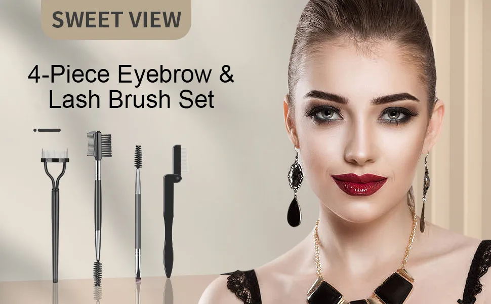 SWEET VIEW Eyelash Comb Eyelash Separator Brow Brush and Eyelash Curler - Professional Eye Makeup Tools (Set of 4) - eyelash brush