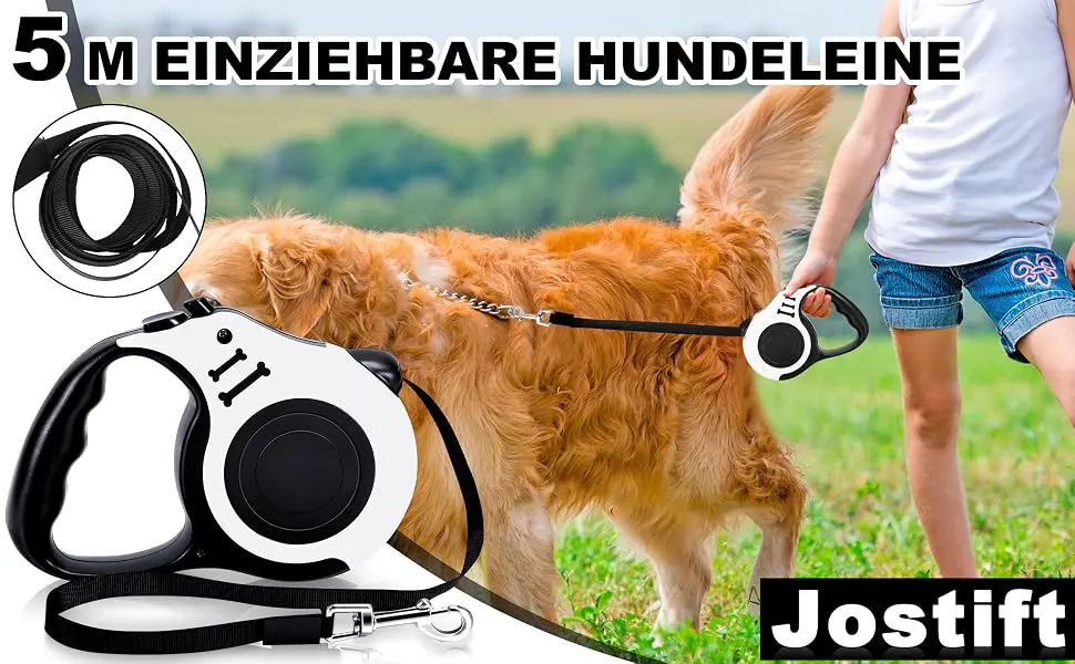Jostift 5m extendable automatic dog leash high-quality dog leasic extendable 360 tangled-free dog leash with anti-slip handle and stop button flexible roller line white - 5M Ausziehbare Automatische Hundeleine