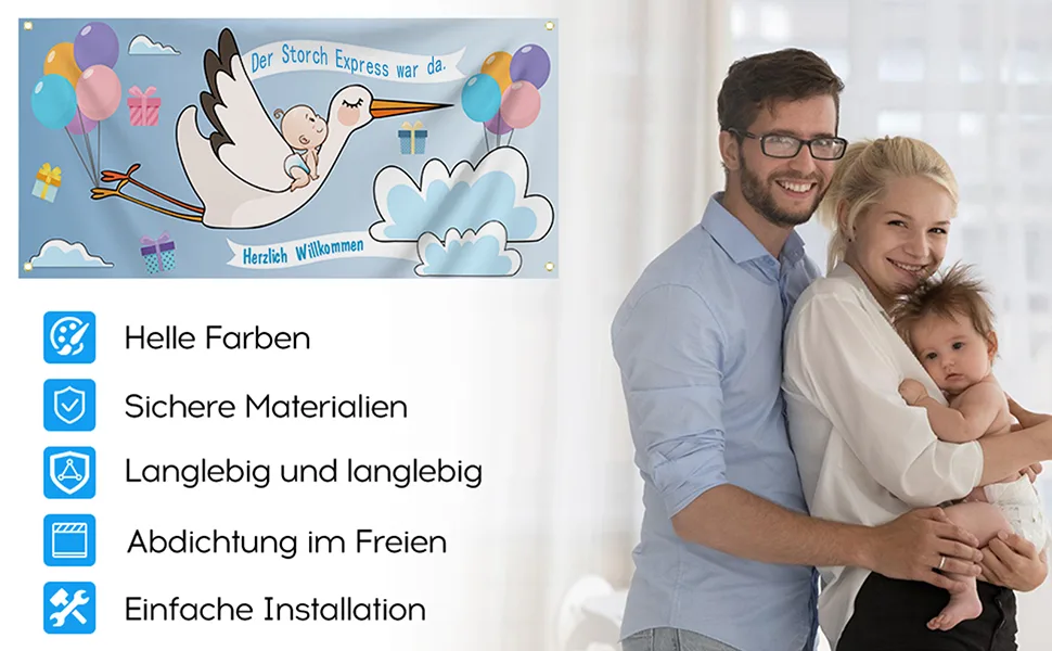 160 x 70 cm large stork banner set for birth weatherproof clattering stork banner blue - banner