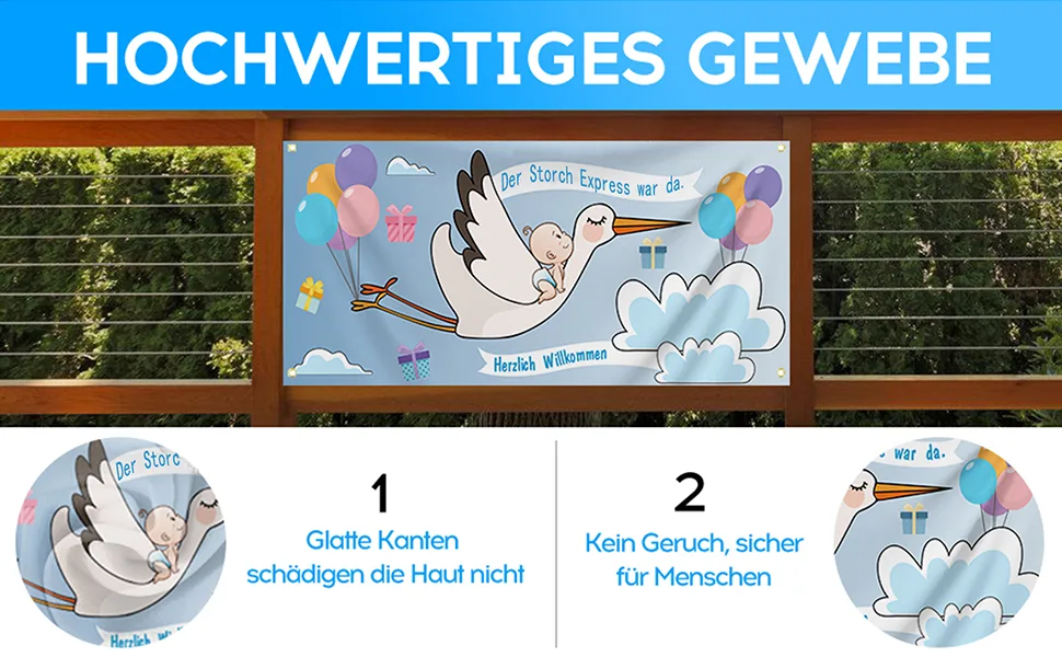 160 x 70 cm large stork banner set for birth weatherproof clattering stork banner blue - banner