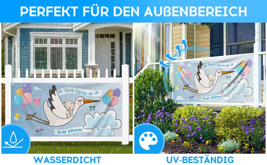 160 x 70 cm large stork banner set for birth weatherproof clattering stork banner blue - banner