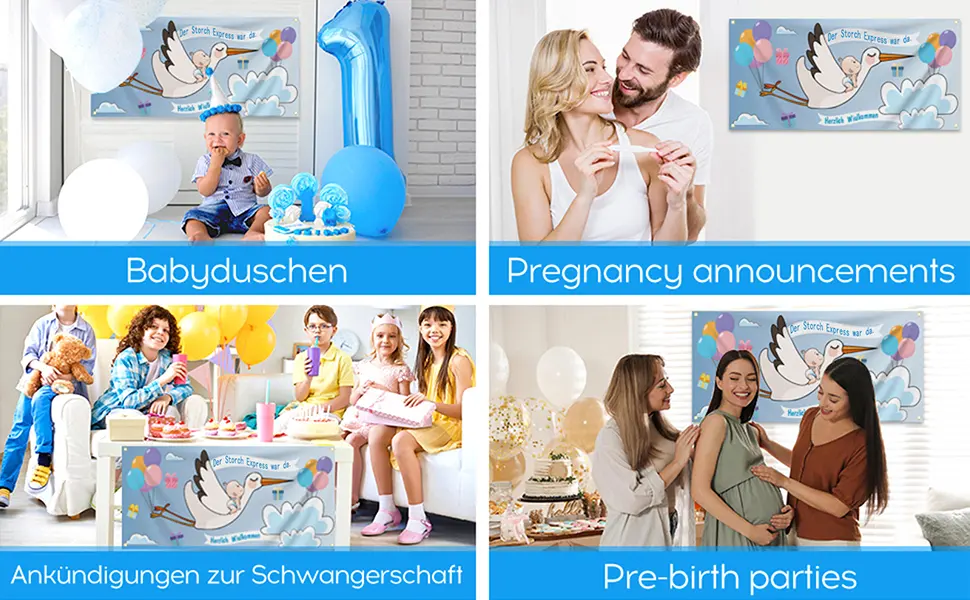 160 x 70 cm large stork banner set for birth weatherproof clattering stork banner blue - banner