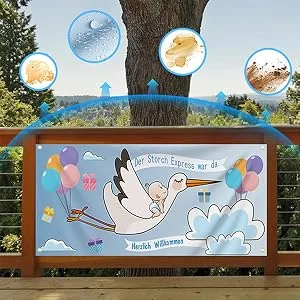 160 x 70 cm large stork banner set for birth weatherproof clattering stork banner blue - banner