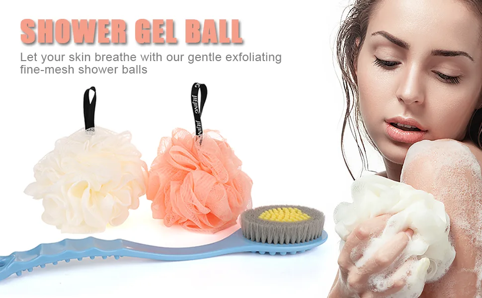 Qicheng & Lys Bath Brush with Long Handle Back Brush with Long Handle Back Brush Shower Plastic Soft Body Bath Sponge Shower Sponge Loofah Balls With 2 Self Adhesive Hooks (Blue + White) - product information 1