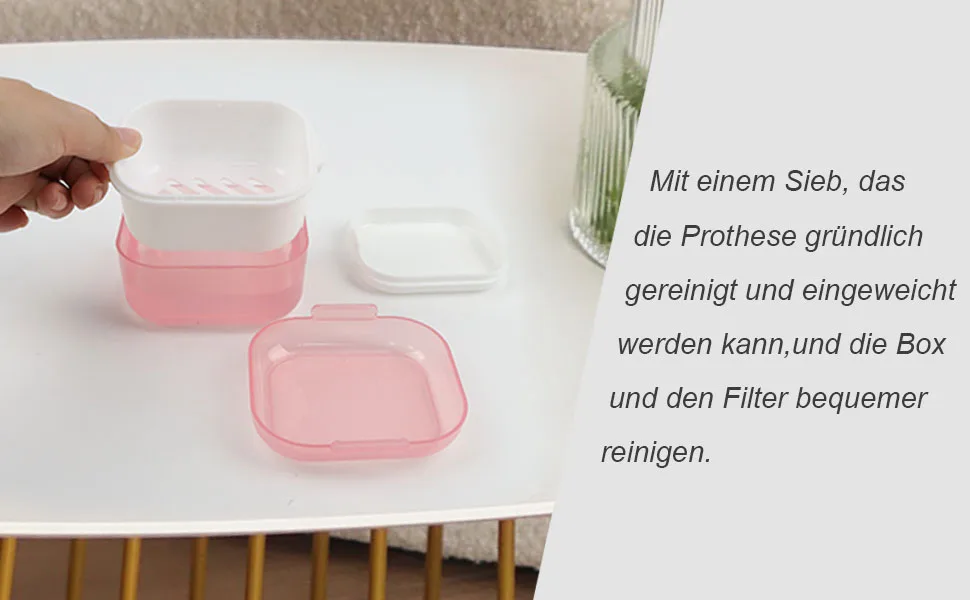 Prohese dinner with sieve denture can for storing bite rails dinner for cleaning soaking and storing dentures and mouth tools blue - Prothesendose mit Sieb