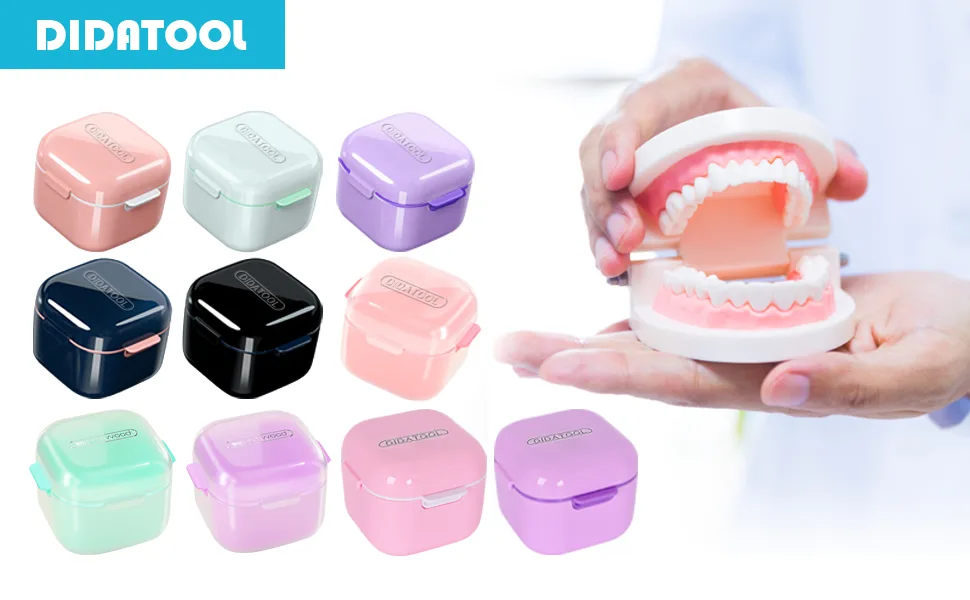 Didatool prosthesis box prosthetic box denture box with filter prostheses with finger toothbrush for storage and for immersing dentures cleaning baths (pink) - prothesendose