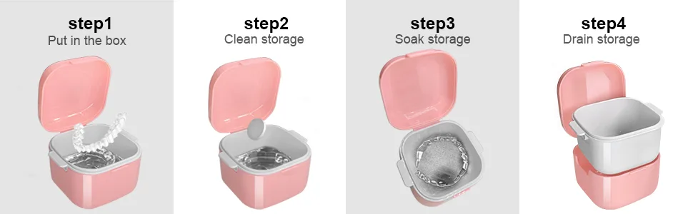 Didatool prosthesis box prosthetic box denture box with filter prostheses with finger toothbrush for storage and for immersing dentures cleaning baths (pink) - zahnspangen box
