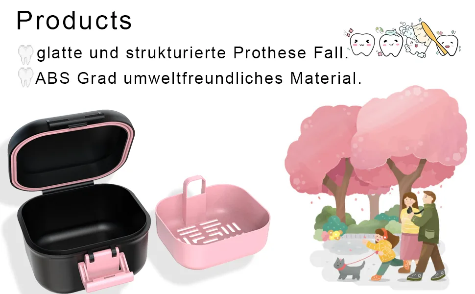 BVN leak -proof prosthesis box denture box with sieve sustainable soakable dental dinner for all age group liners and braces (black + pink). - ABS kann lebensmittelechtes, umweltfreundliches Material sein