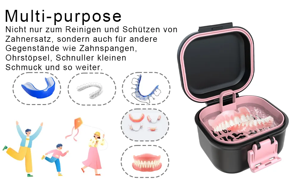 BVN leak -proof prosthesis box denture box with sieve sustainable soakable dental dinner for all age group liners and braces (black + pink). - Kann verschiedene Grundpflegemittel lagern