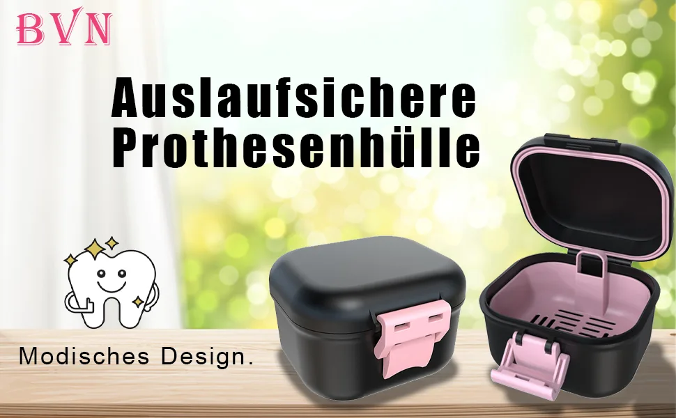 BVN leak -proof prosthesis box denture box with sieve sustainable soakable dental dinner for all age group liners and braces (black + pink). - Lecksichere Zahnschutzbox