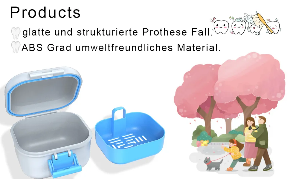 BVN leak -proof prosthesis box denture box with sieve sustainable soakable dentist dinos for all age group foster replacement and braces (blue + white). - ABS kann lebensmittelechtes, umweltfreundliches Material sein
