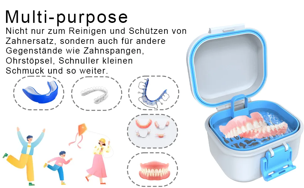 BVN leak -proof prosthesis box denture box with sieve sustainable soakable dentist dinos for all age group foster replacement and braces (blue + white). - Kann verschiedene Grundpflegemittel lagern