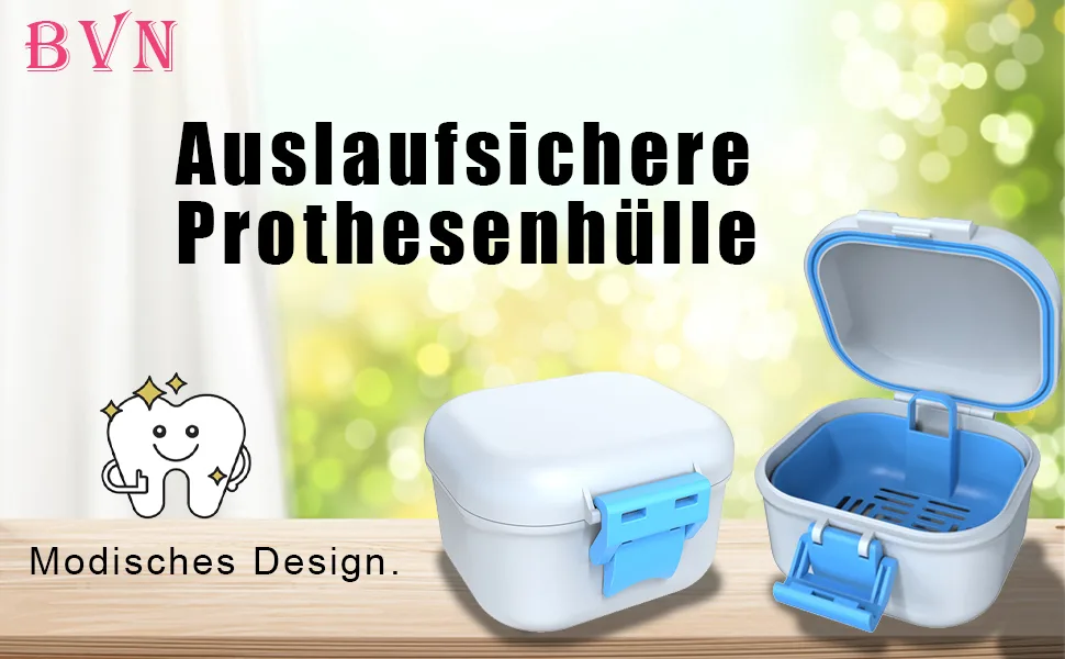 BVN leak -proof prosthesis box denture box with sieve sustainable soakable dentist dinos for all age group foster replacement and braces (blue + white). - Lecksichere Zahnschutzbox