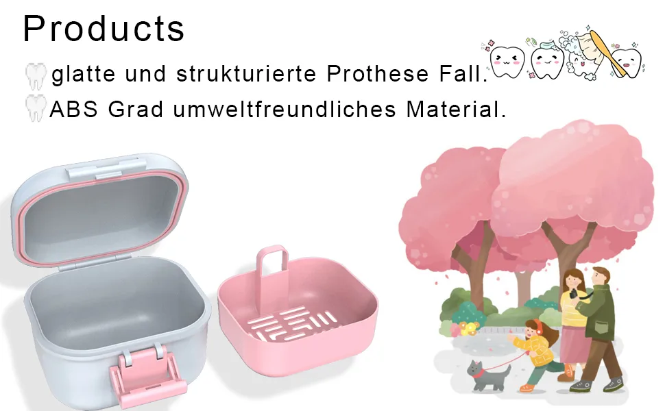 BVN leak -proof prosthesis box denture box with sieve sustainable soakable dentistry dinner for all age group ferns and braces (pink + white) - ABS kann lebensmittelechtes, umweltfreundliches Material sein