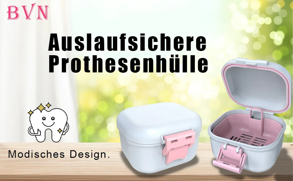 BVN leak -proof prosthesis box denture box with sieve sustainable soakable dentistry dinner for all age group ferns and braces (pink + white) - Lecksichere Zahnschutzbox