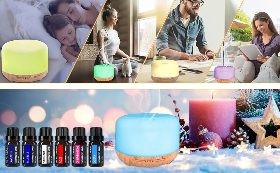 Diffusor for essential oils 450 ml aroma diffuser with 6 x 10 ml pure essential oil humidifier for aromatherapy diffusers with adjustable fog and 7 colors LED brown (450) - aroma diffusor