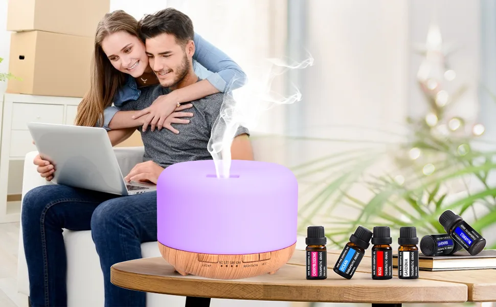Diffusor for essential oils 450 ml aroma diffuser with 6 x 10 ml pure essential oil humidifier for aromatherapy diffusers with adjustable fog and 7 colors LED brown (450) - oli essenziali per diffusori