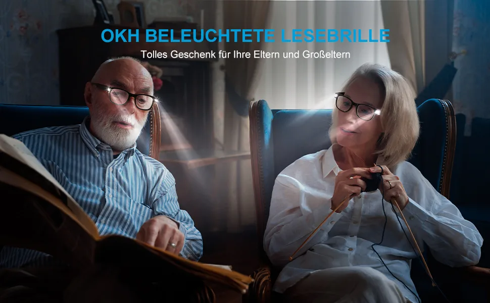 OKH reading glasses with light bright LED readers rechargeable USB reading glasses for men and women square glasses black 2.5 x - Lesebrille mit Licht