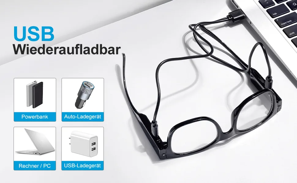 OKH reading glasses with light bright LED readers rechargeable USB reading glasses for men and women square glasses black 2.5 x - Lesebrille mit Licht