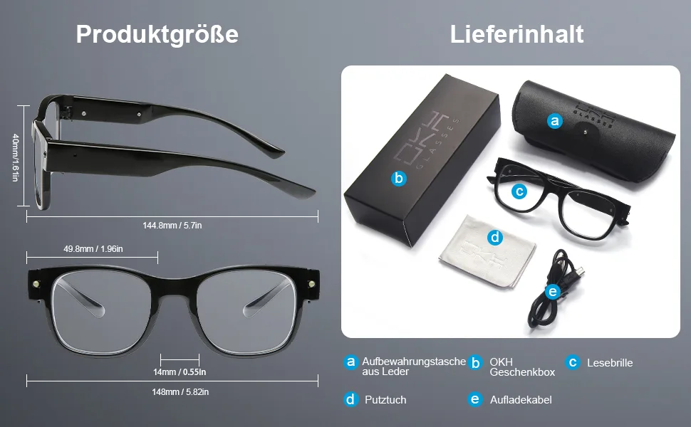 OKH reading glasses with light bright LED readers rechargeable USB reading glasses for men and women square glasses black 2.5 x - Lesebrille mit Licht