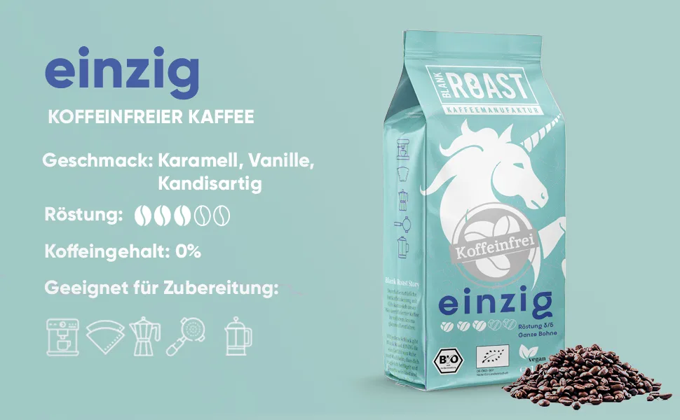 Blank Roast ONLY decaffeinated coffee beans - 100% ARABICA - gently & carefully roasted - particularly LOW ACID - 1000g whole bean - Einig blue