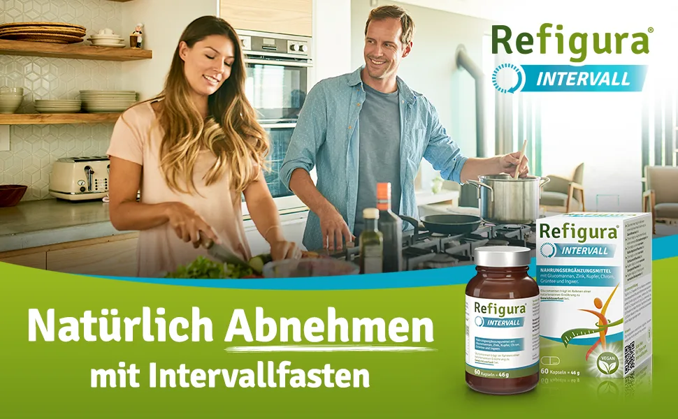 Successful when interval fasting with Refigura interval capsules - dietary supplements with glucomannan zinc copper green tea ginger - vegetable & vegan - 160 capsules in glass + free e -book - Refigura Intervall