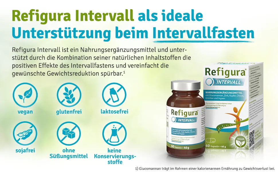 Successful when interval fasting with Refigura interval capsules - dietary supplements with glucomannan zinc copper green tea ginger - vegetable & vegan - 160 capsules in glass + free e -book - Refigura Intervall