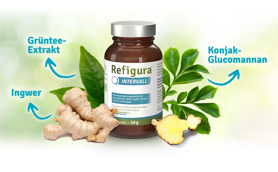 Successful when interval fasting with Refigura interval capsules - dietary supplements with glucomannan zinc copper green tea ginger - vegetable & vegan - 160 capsules in glass + free e -book - Refigura Intervall