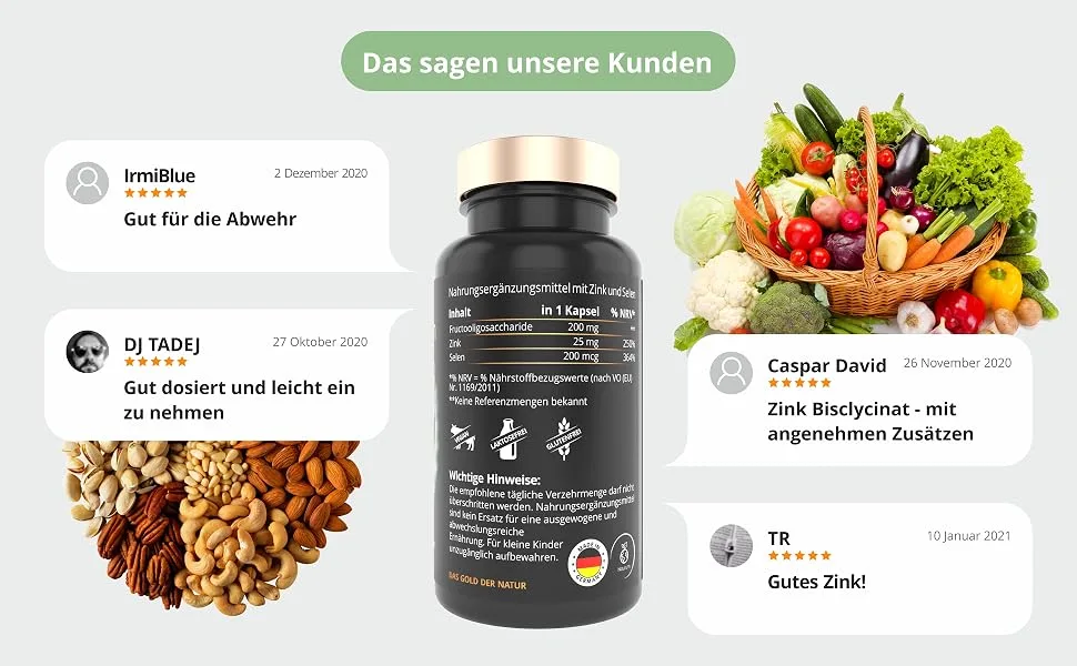 Naurum zinc selenium high -dose - 120 extra small capsules - 200 mcg selenium + 25mg zinc glycinat - high bioavailability laboratory test vegan produced in Germany - Kundenbewertungen