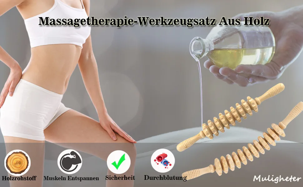 2 pieces Premium massage roller wood set - anti cellulite massage massage device massage roller scooter with handle thigh maderotherapy for loosening deep tissue suitable for neck legs backs - massageroller cellulite