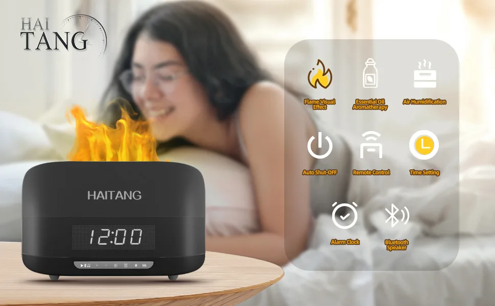 Haitang flames aroma diffuser upgrade 7 colors light essential oils diffuser bluetooth speaker digital alarm for bedrooms 400ml aroma diffuser humidifier for at home office room 23*11cm black - humidifier aroma diffuser aroma diffuser für ätherische öle raumduft diffusers