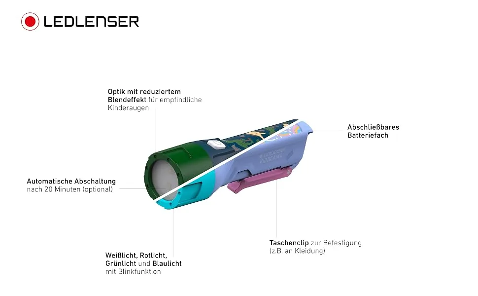 Ledlenser Kidbeam4 flashlight green |Energy -saving battery LED |4 Color modes and flashing function |Children's flashlight for boys |Children girls |Integrated clip - KID, Beam, 4