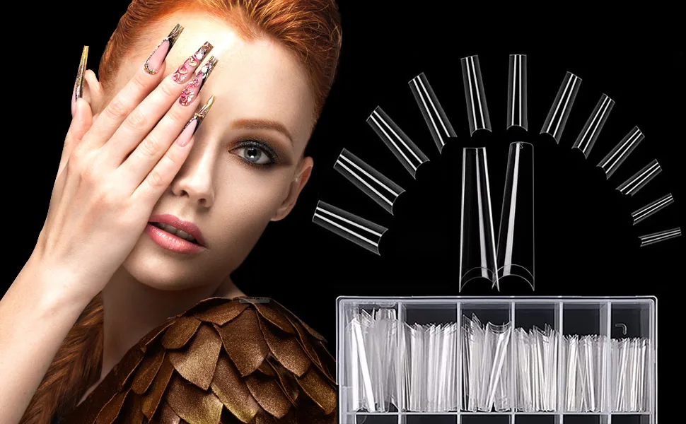120 pieces wrong nails tips extra long clear nail tips acrylic half cover French fake nail tips for nail studios diy clear coffee - product information 1