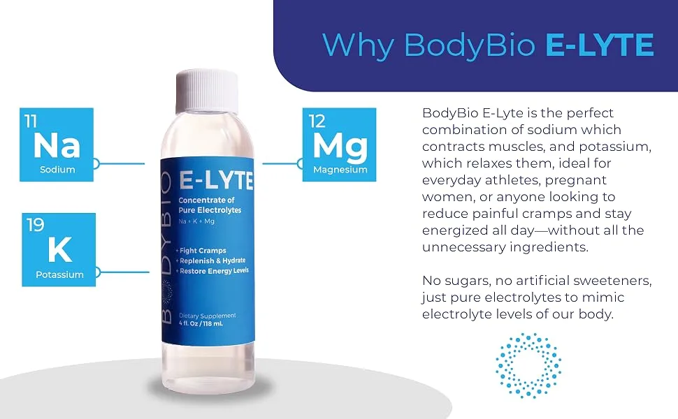 BodyBio E-Lyte 16 fl oz (473 ml) - Elyte, electrolyte, liquid IV, hydration, hangover relief, keto flu, fasting, muscle cramps