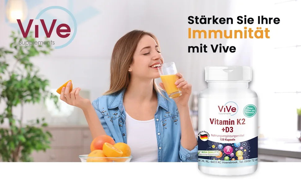 Vitamin K2 200 McG Menaquinon MK7 + D3 10 000 I.E. Depot - 120 capsules high -dose only one capsule every 10 days |Quality from Germany from Vive Supplements - product information 1