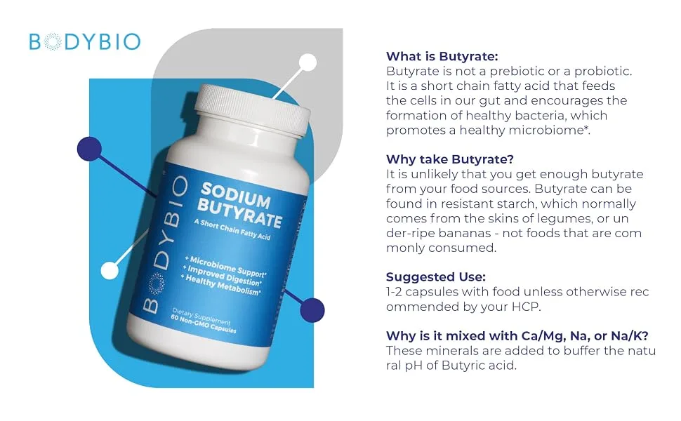 BodyBio Sodium Butyrate 60 Non-GMO Capsules - prebiotic probiotic scfa healthy bacteria microbiome supplement for gut digestion gut cells butyric