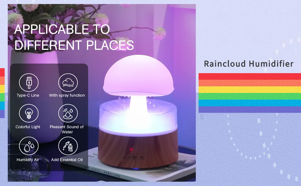 Rain cloud humidifier water drops mushroom 7 colors water drops sound essential oil diffuser USB night light aromatherapy rain cloud diffuser for relaxing mood - product information 2