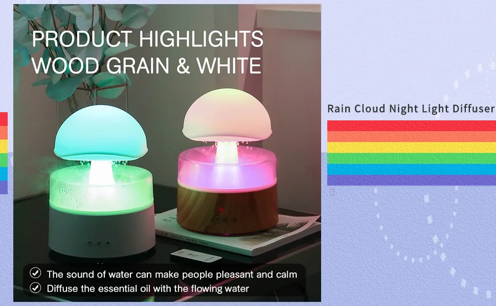 Rain cloud humidifier water drops mushroom 7 colors water drops sound essential oil diffuser USB night light aromatherapy rain cloud diffuser for relaxing mood - product information 3