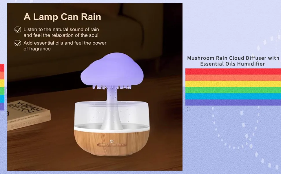 Rain cloud humidifier water drops mushroom 7 colors water drops sound essential oil diffuser USB night light aromatherapy rain cloud diffuser for relaxing mood - product information 5