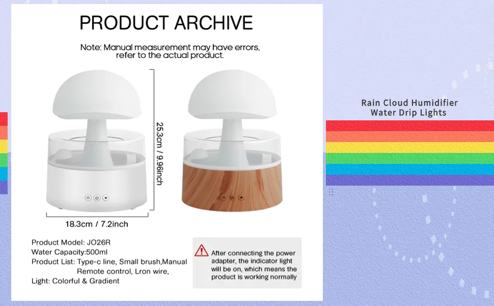 Rain cloud humidifier water drops mushroom 7 colors water drops sound essential oil diffuser USB night light aromatherapy rain cloud diffuser for relaxing mood - product information 7