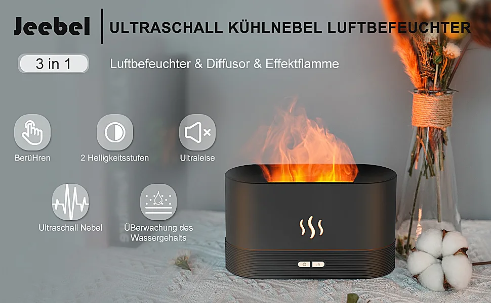 JEEBEL AROMA Diffuser with flames effect ultrasound s bler humidifier fragrance oil diffuser with 2 brightness adjustable & waterless automatic switch -off monochrome light - Jeebel Flamme Ätherische Öle Aromatherapie Diffusor