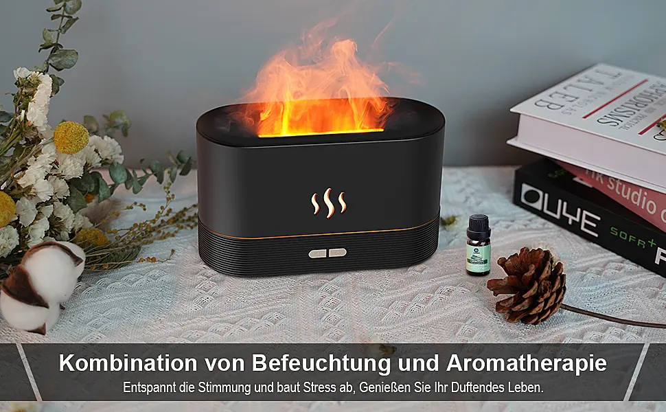 JEEBEL AROMA Diffuser with flames effect ultrasound s bler humidifier fragrance oil diffuser with 2 brightness adjustable & waterless automatic switch -off monochrome light - Kombination von Befeuchtung und Aromatherapie