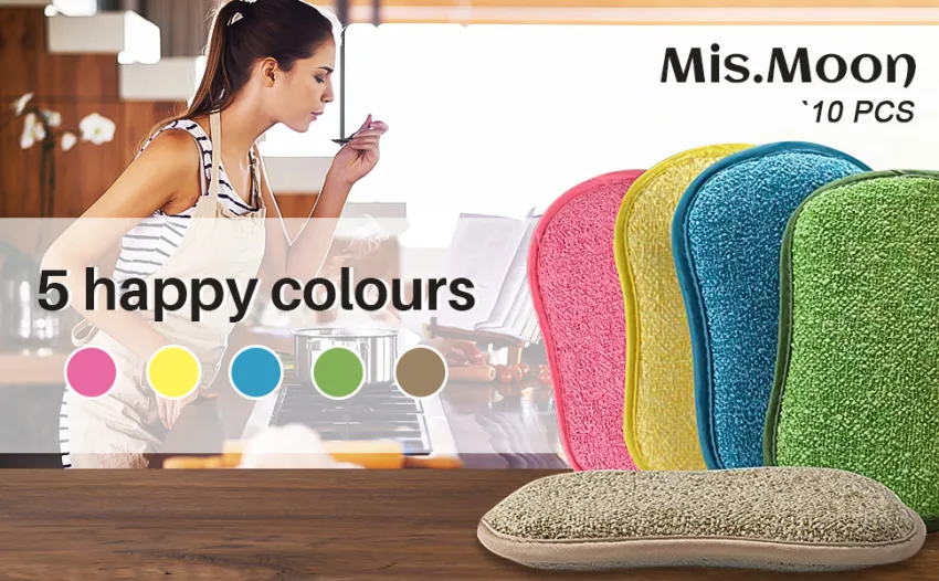 MIS.MOON 10 pieces of kitchen sponge cleaning double-sided microfiber flush reusable sponges for cleaning dishes pot 5 color-10p - 10pcs