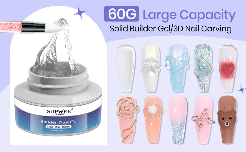 Supwee solid builder gel for nail polish 60g multifunctional clear nail extension gel non-stick-coated hand 3D sculpture builder gel with large capacity 158 - supwee