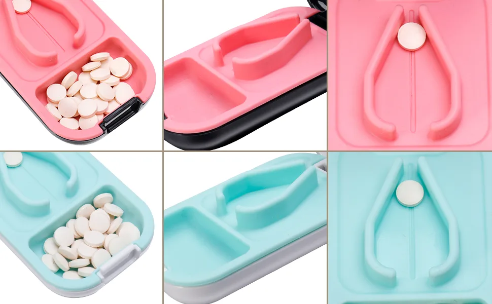 FireTink tray divider pill cutter-stainless steel blade pill divider with tablets storage compartment tablet divider for small and large portable 2-in-1 pill cutter (pink) - Pillenschneider