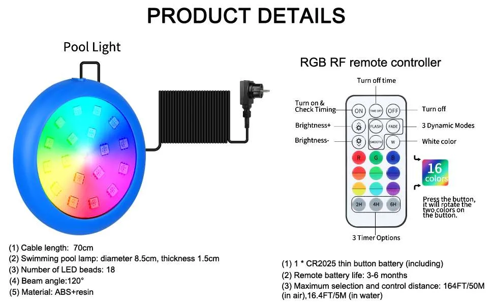 COOLWEST 10W pool lighting with magnet pool lighting LED with 7 m cable pool lighting underwater light with remote control pool lights underwater with 18 LED beads RGB dimmable multiple colors - IP68 Wasserdicht Dimmbar Farbwechselnde Unterwasser Poollicht mit APP-Kontrolle
