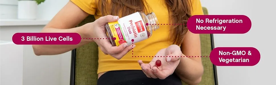Jarrow Formulas Probiotic Duo Raspberry 3 Billion 90 Gummies - 2 Billion Live Cells, No Refrigeration Necessary, Non-GMO & Vegetarian