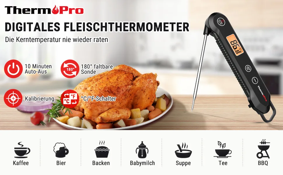 ThermoPro TP03HEU IPX6 waterproof meat thermometer 0.5 C precise grill thermometer 3S fast reaction foldable kitchen thermometer for BBQ roast grill and drink black - TP03H-B Fleischthermometer